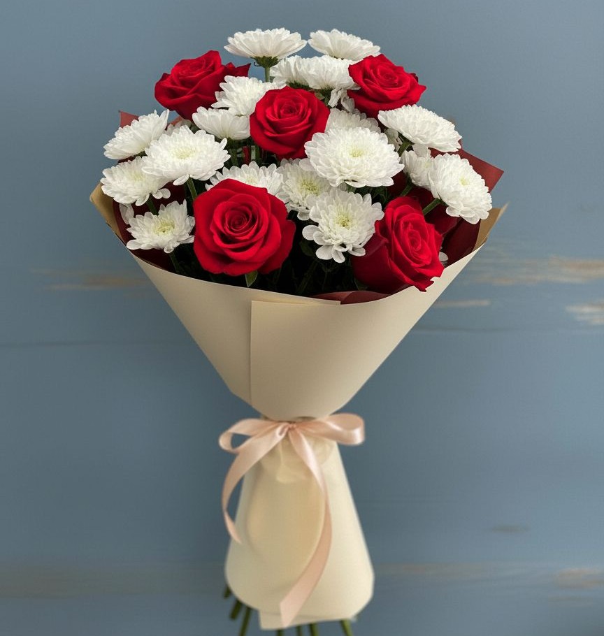 Букет цветов из: Розы и Хризантемы в Старомарьевке