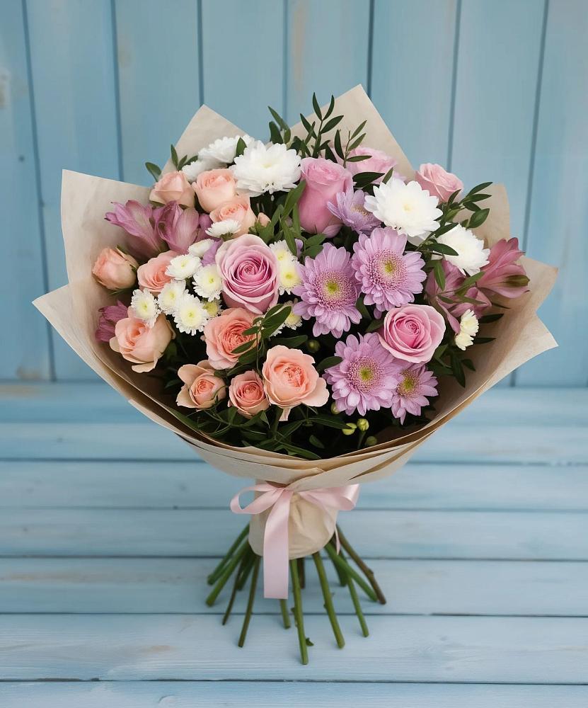 Букет цветов из: Хризантемы, Розы и Альстромерии в Старомарьевке