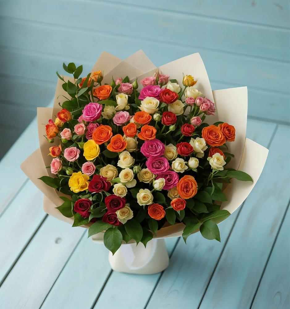 Букет Микс из разноцветных кустовых роз в Старомарьевке